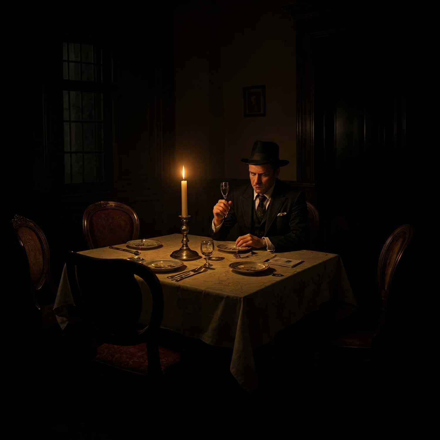 Detective alone at a dinner table