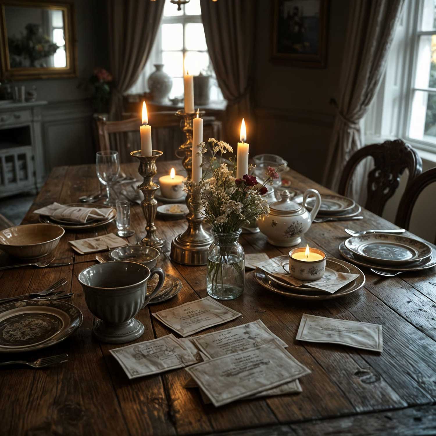 Table of mismatched crockery and eco-friendly decor