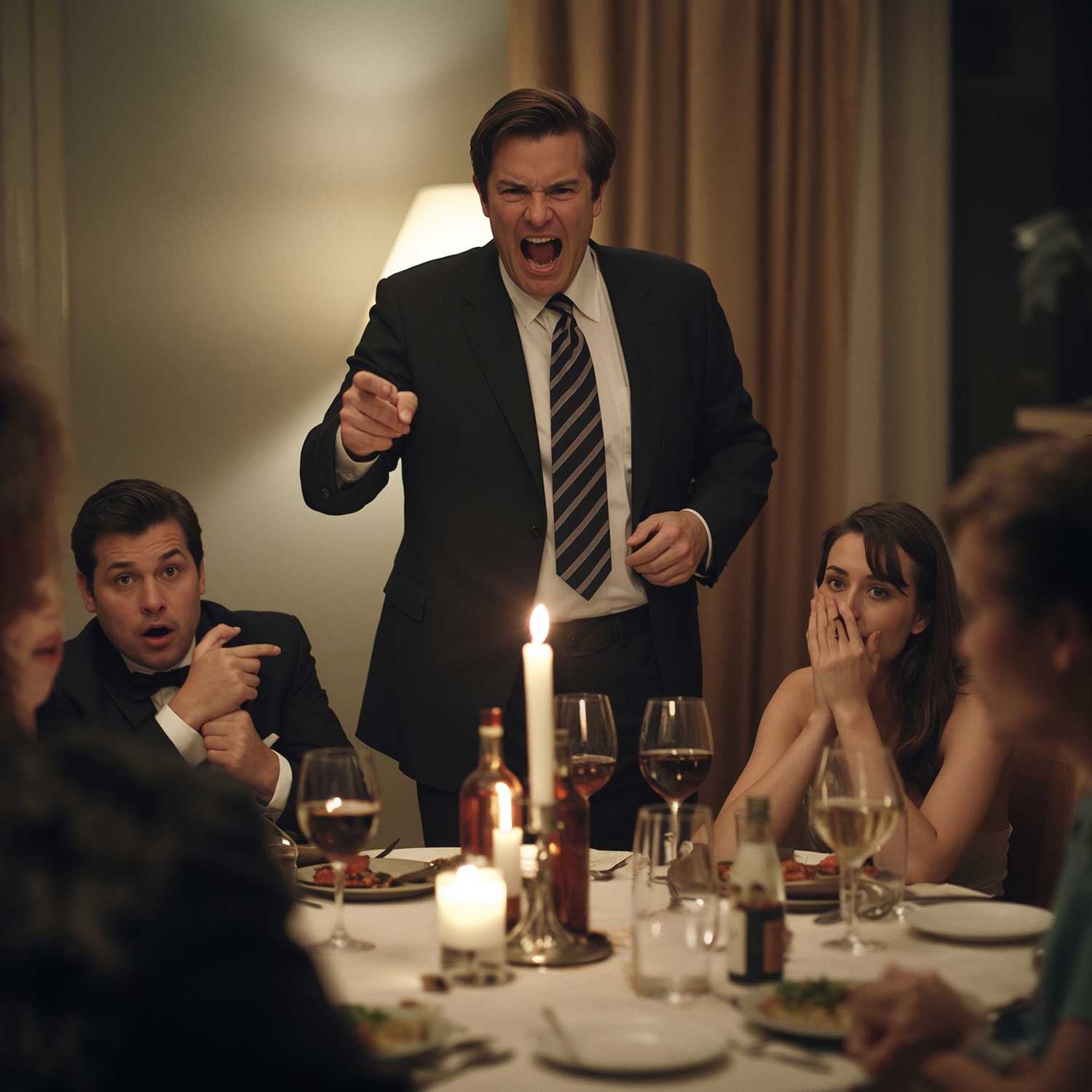 Guest being accused at a murder mystery dinner party